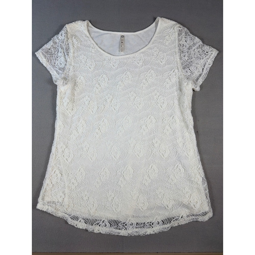 Lea‎ & Nicole Womens XL Ivory Floral Lace Short Sleeve Lined Blouse Top